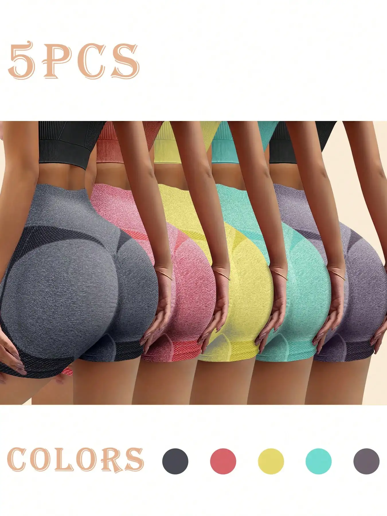 Yoga Fitness Top - [Seamless Yoga Shorts] 5pcs High-Waist Seamless
